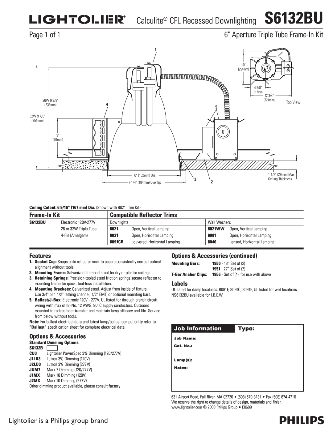 Lightolier specifications Aperture Triple Tube Frame-InKit, Calculite CFL Recessed DownlightingS6132BU, Page 1 of, Type 