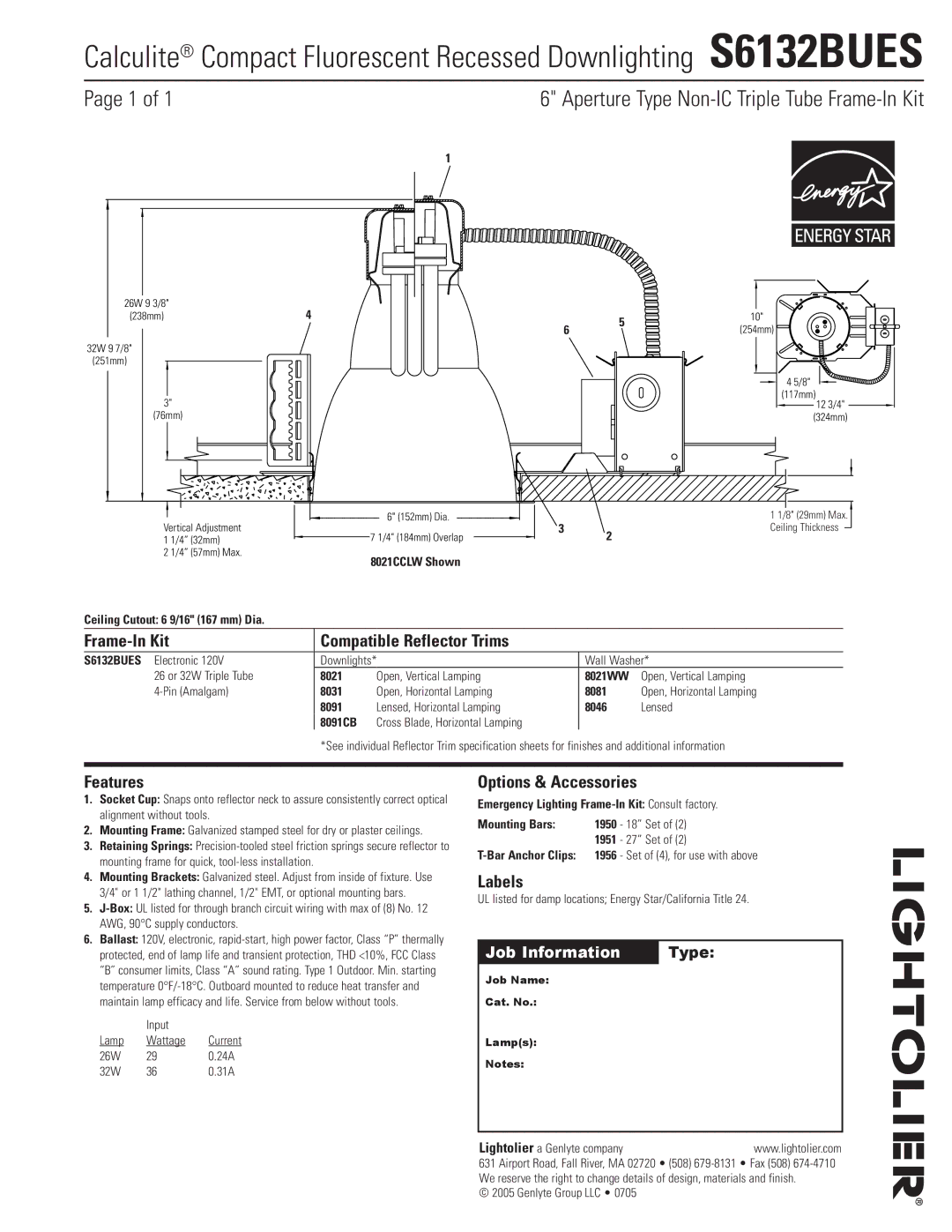 Lightolier S6132BUES specifications Aperture Type Non-IC Triple Tube Frame-In Kit, Frame-In Kit Compatible Reflector Trims 