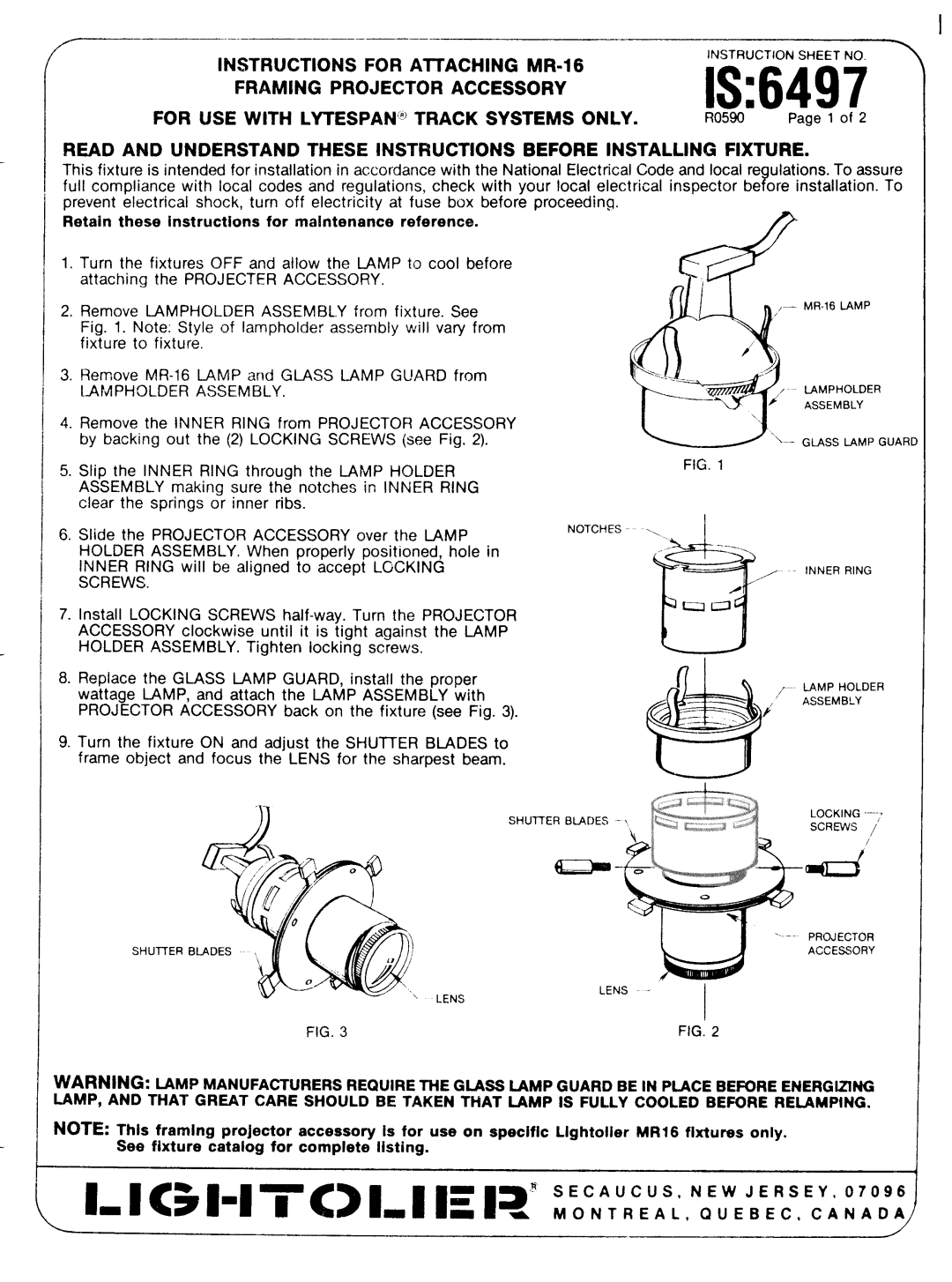 Lightolier S:6497 instruction sheet AllACHING, MR-16, Instructions For, Is, Projector Accessory, For Use With, Lytespan’ 