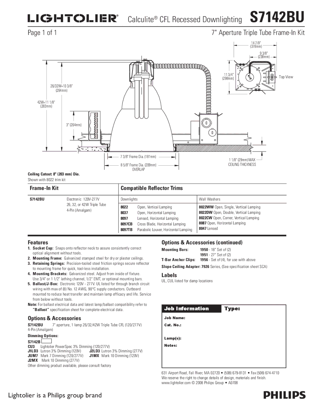 Lightolier specifications Calculite CFL Recessed Downlighting S7142BU, Aperture Triple Tube Frame-In Kit 