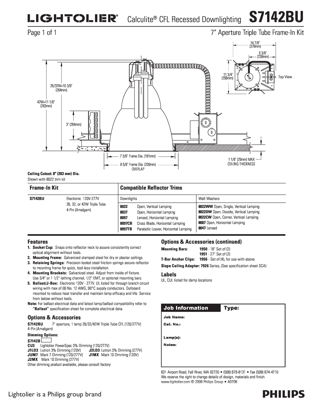 Lightolier S7142BU specifications Page 1 of, Lightolier is a Philips group brand, Aperture Triple Tube Frame-In Kit, Type 