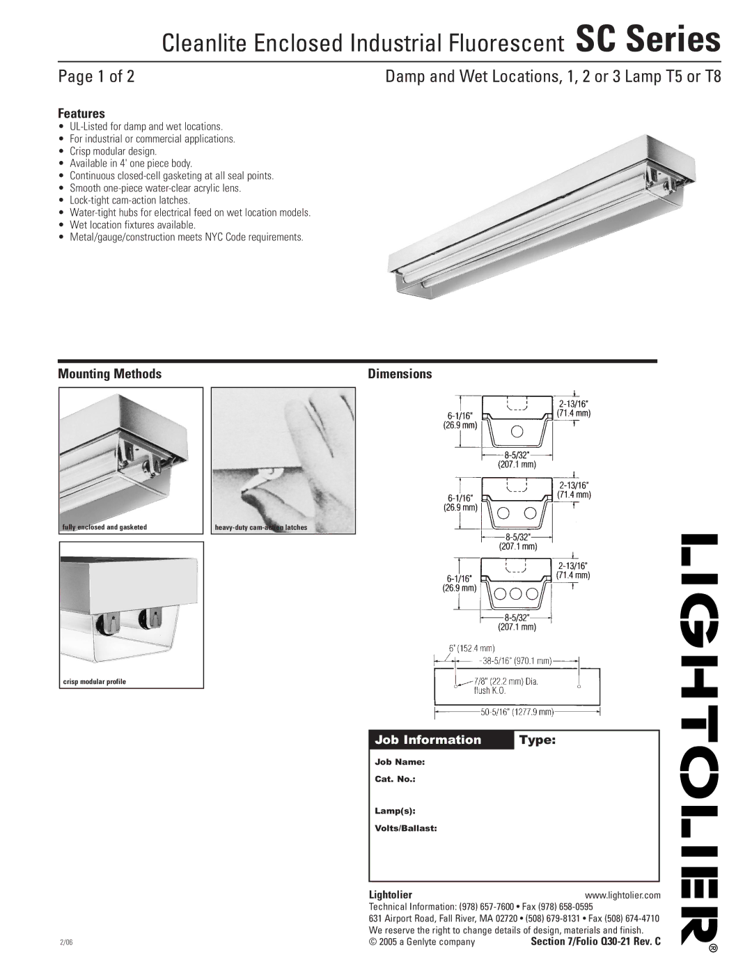 Lightolier SC Series dimensions Features, Mounting Methods, Dimensions 