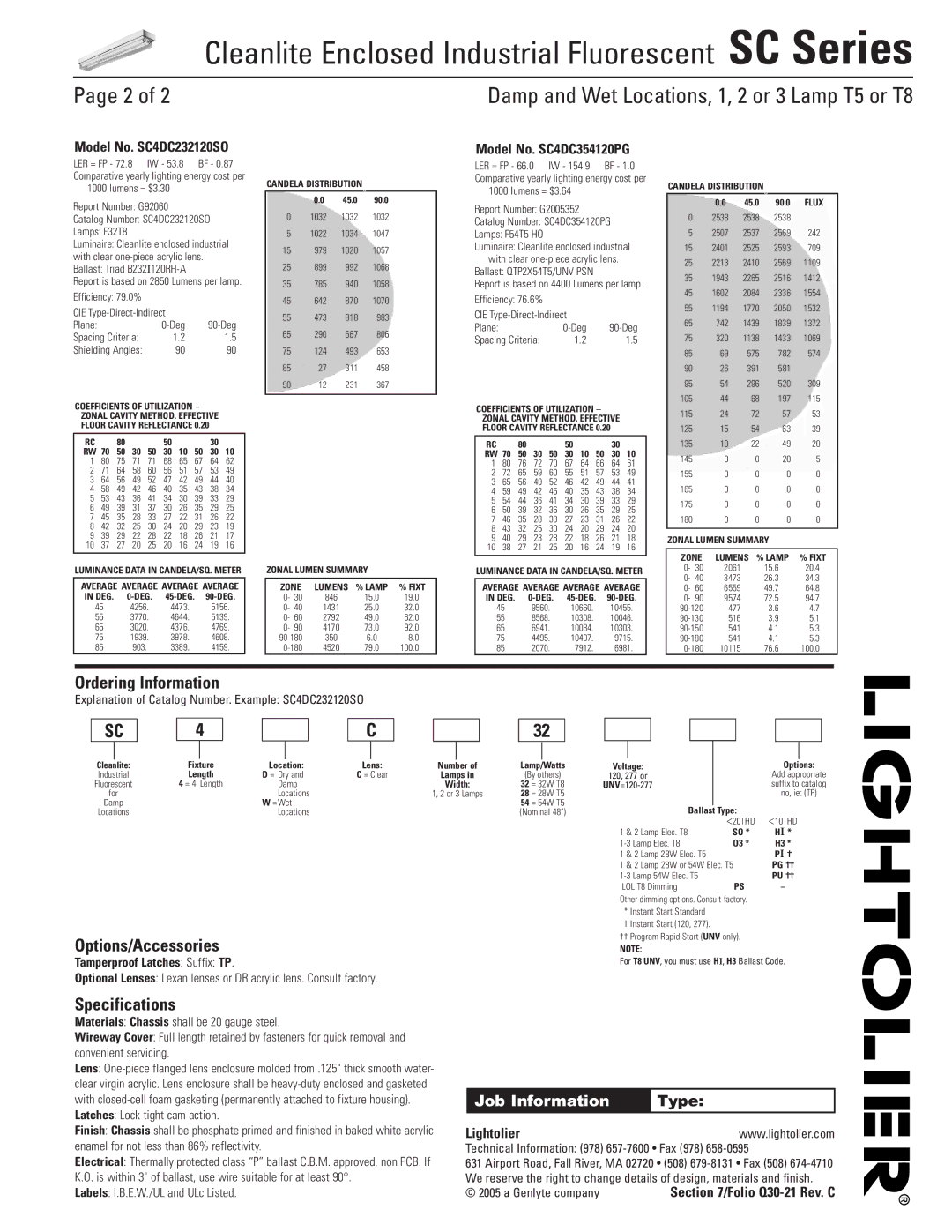 Lightolier SC Series dimensions Ordering Information, Options/Accessories, Specifications 