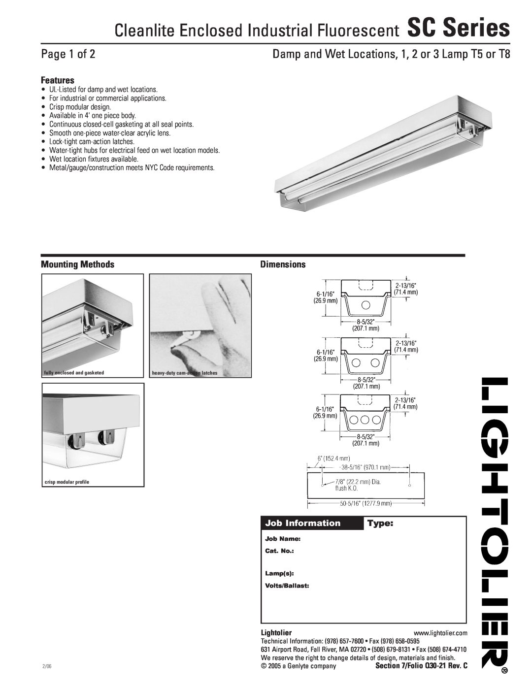 Lightolier SC Series dimensions Page 1 of, Features, Mounting Methods, Job Information, Type, Dimensions 