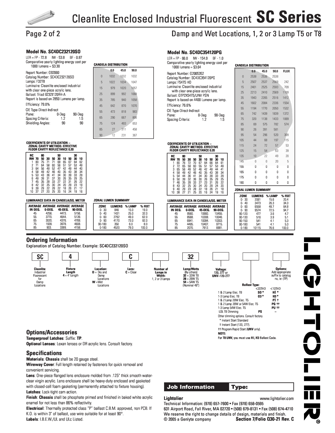 Lightolier SC Series Page 2 of, Ordering Information, Options/Accessories, Specifications, Model No. SC4DC232120SO, Type 