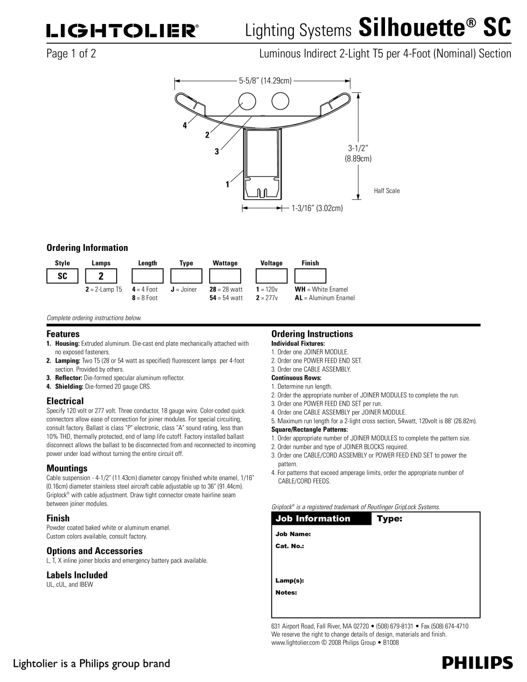 Lightolier SC manual Ordering Information, Features, Electrical, Mountings, Ordering Instructions, Finish, Labels Included 