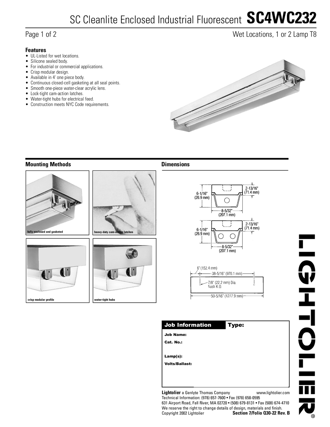 Lightolier SC4WC232 dimensions Features, Mounting Methods Dimensions, Job Information Type, Copyright 2002 Lightolier 