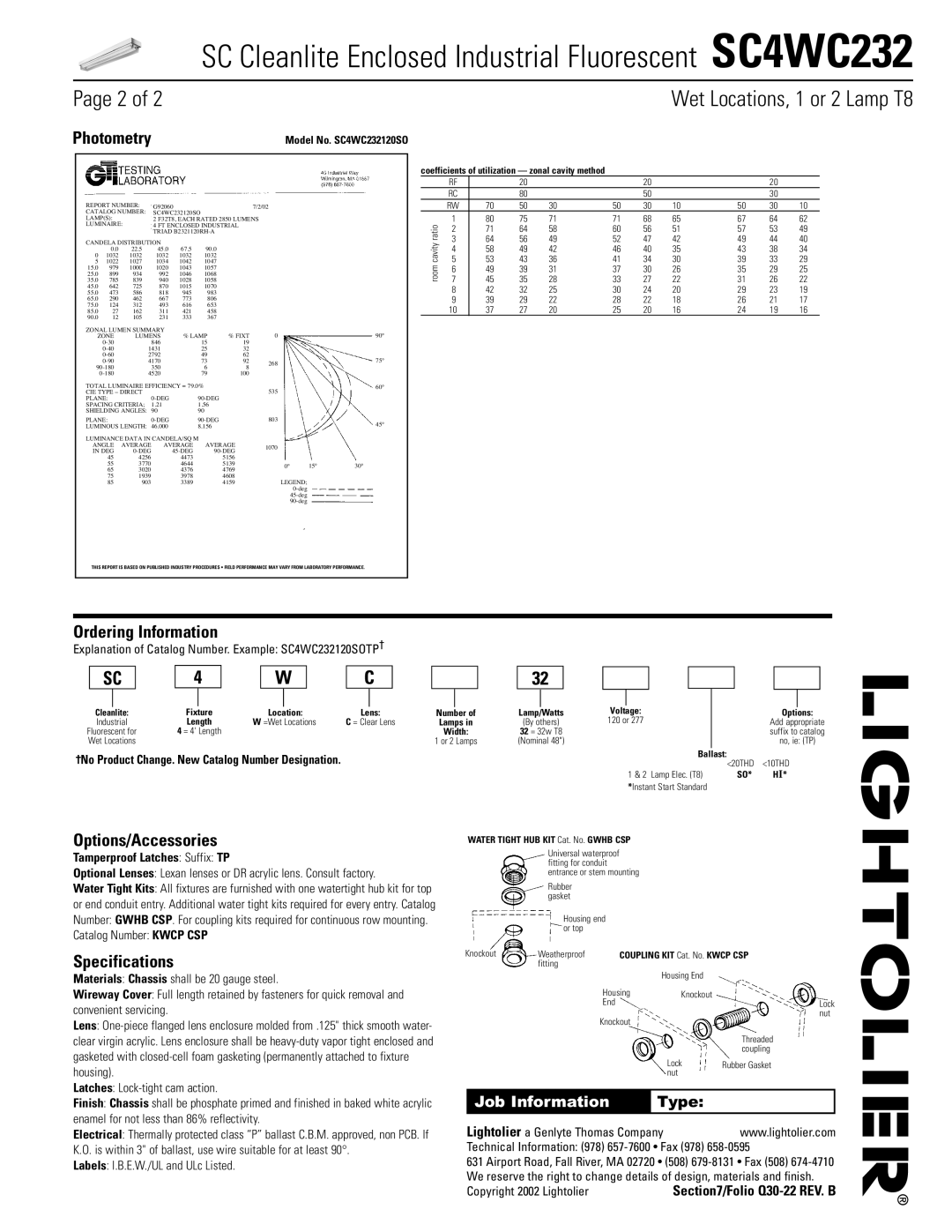 Lightolier SC4WC232 dimensions Photometry, Ordering Information, Options/Accessories, Specifications, Job Information 