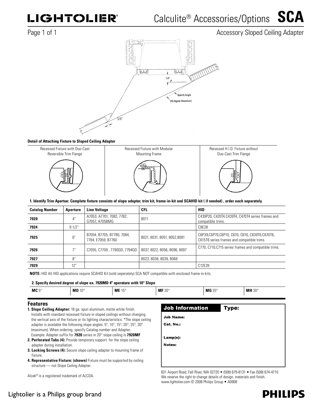 Lightolier manual Calculite Accessories/Options SCA, Accessory Sloped Ceiling Adapter, Features, Cfl Hid 