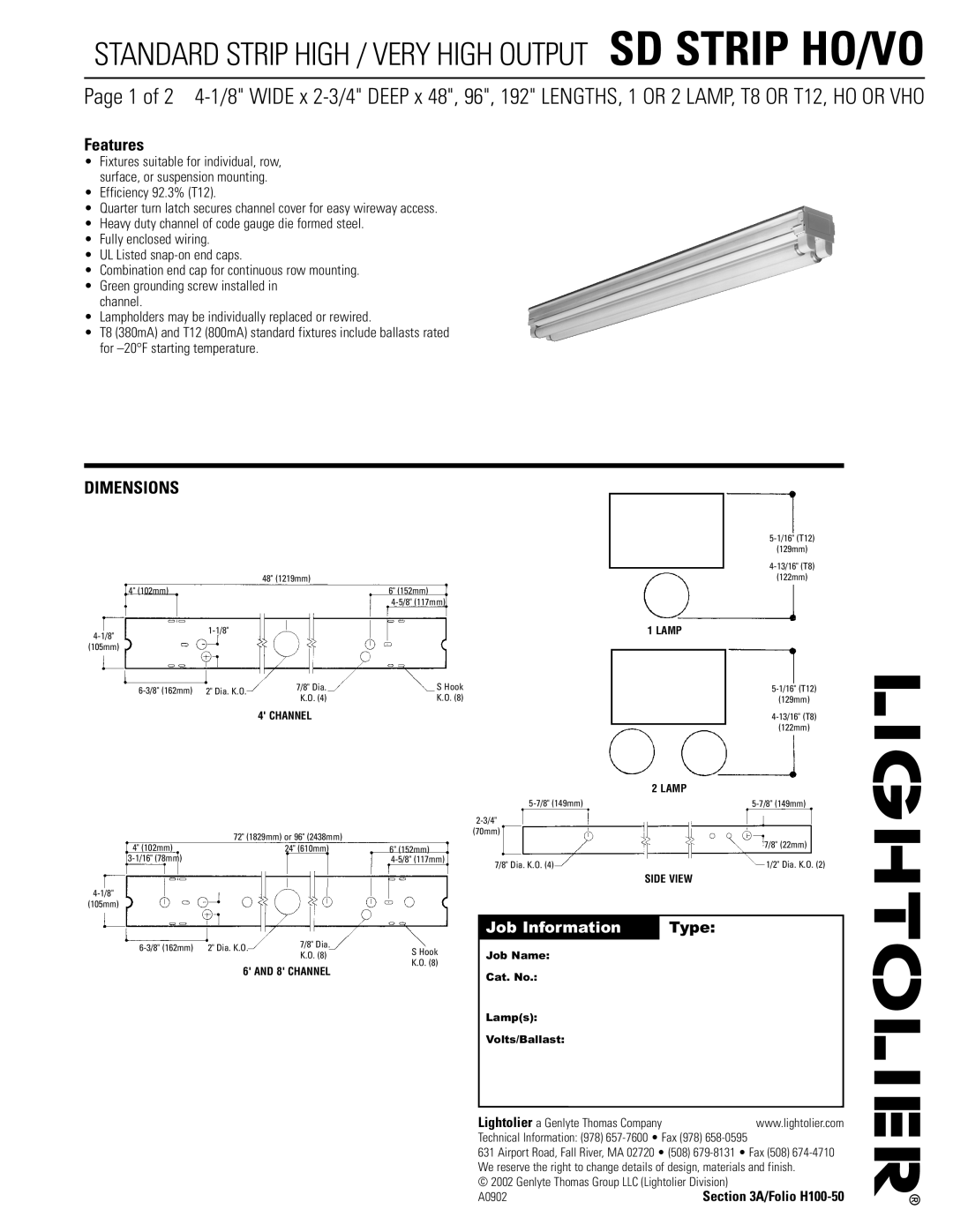 Lightolier SD STRIP HO-VO dimensions Dimensions, Job Information Type, Genlyte Thomas Group LLC Lightolier Division A0902 