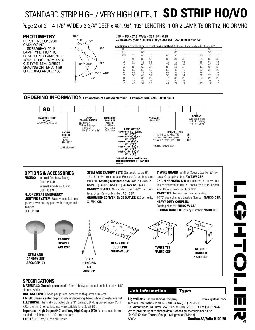 Lightolier SD STRIP HO-VO Photometry, Specifications, Options & Accessories, Job Information, Type, Fluorescent Emergency 