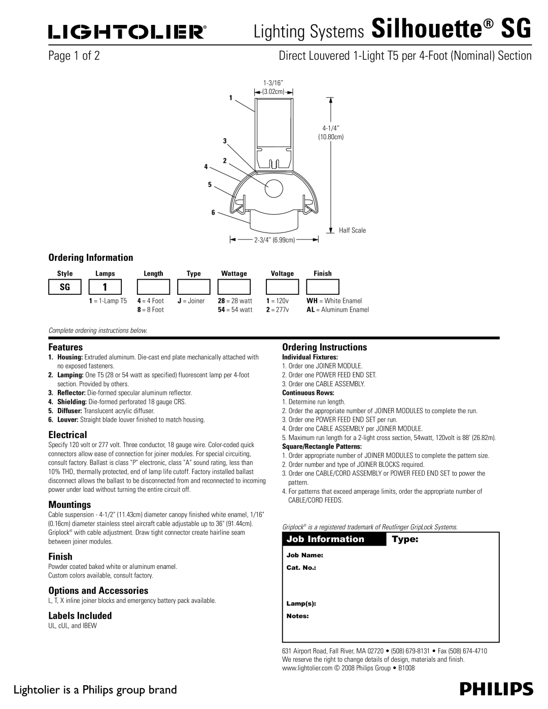 Lightolier SG manual Ordering Information, Features, Electrical, Mountings, Finish, Options and Accessories 