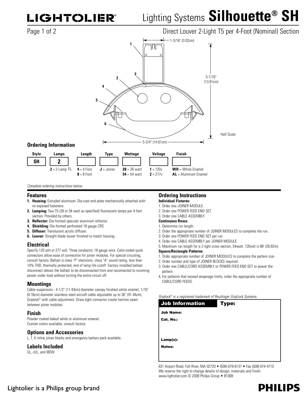 Lightolier SH manual Ordering Information, Features, Electrical, Mountings, Finish, Options and Accessories 