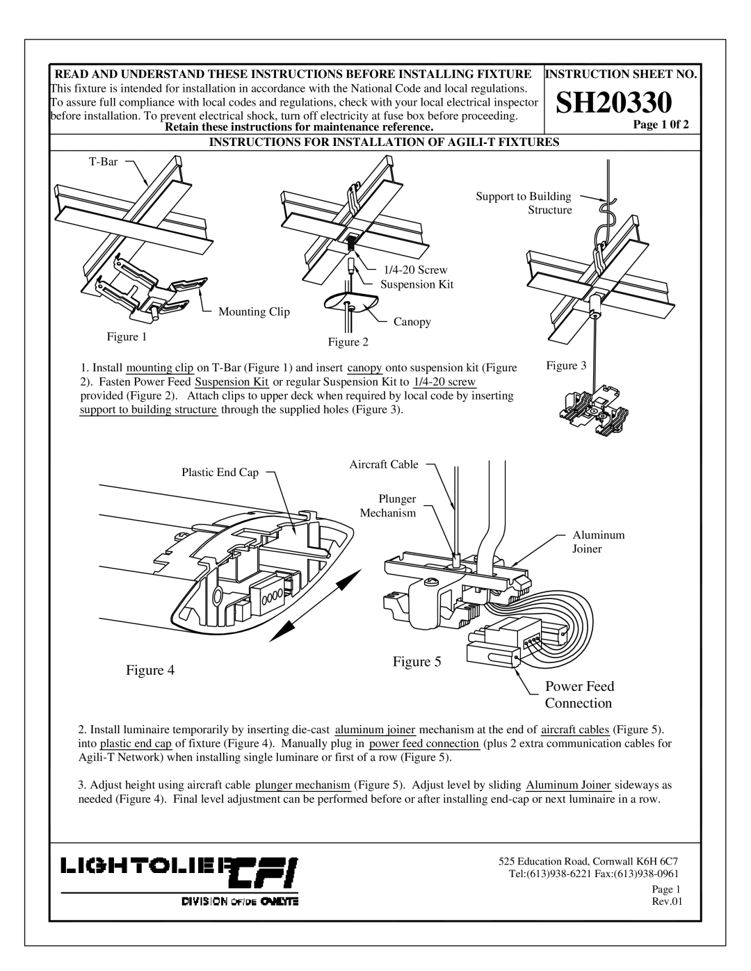 Lightolier SH20330 instruction sheet Power Feed Connection, Instructions for Installation of AGILI-T Fixtures 