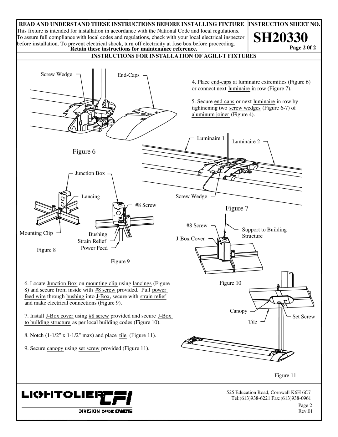 Lightolier SH20330 instruction sheet Instructions for Installation of AGILI-T Fixtures 