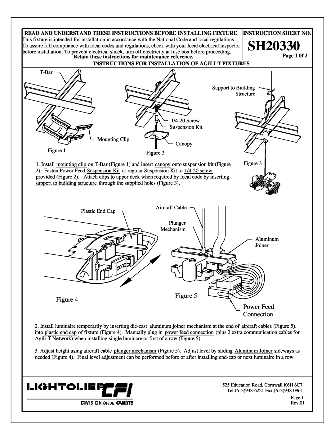 Lightolier SH20330 instruction sheet Figure Power Feed Connection, Instruction Sheet No, Page 1 0f 