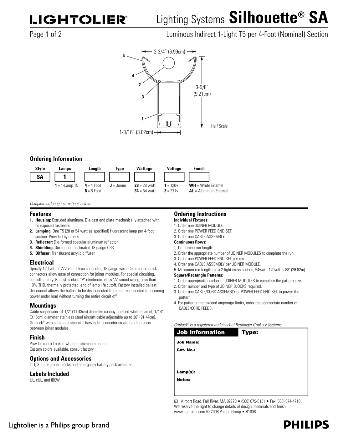 Lightolier Silhouette SA manual Ordering Information, Features, Electrical, Mountings, Finish, Options and Accessories 