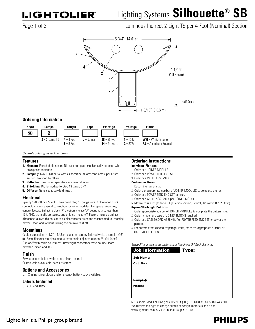 Lightolier Silhouette SB manual Ordering Information, Features, Electrical, Mountings, Finish, Options and Accessories 