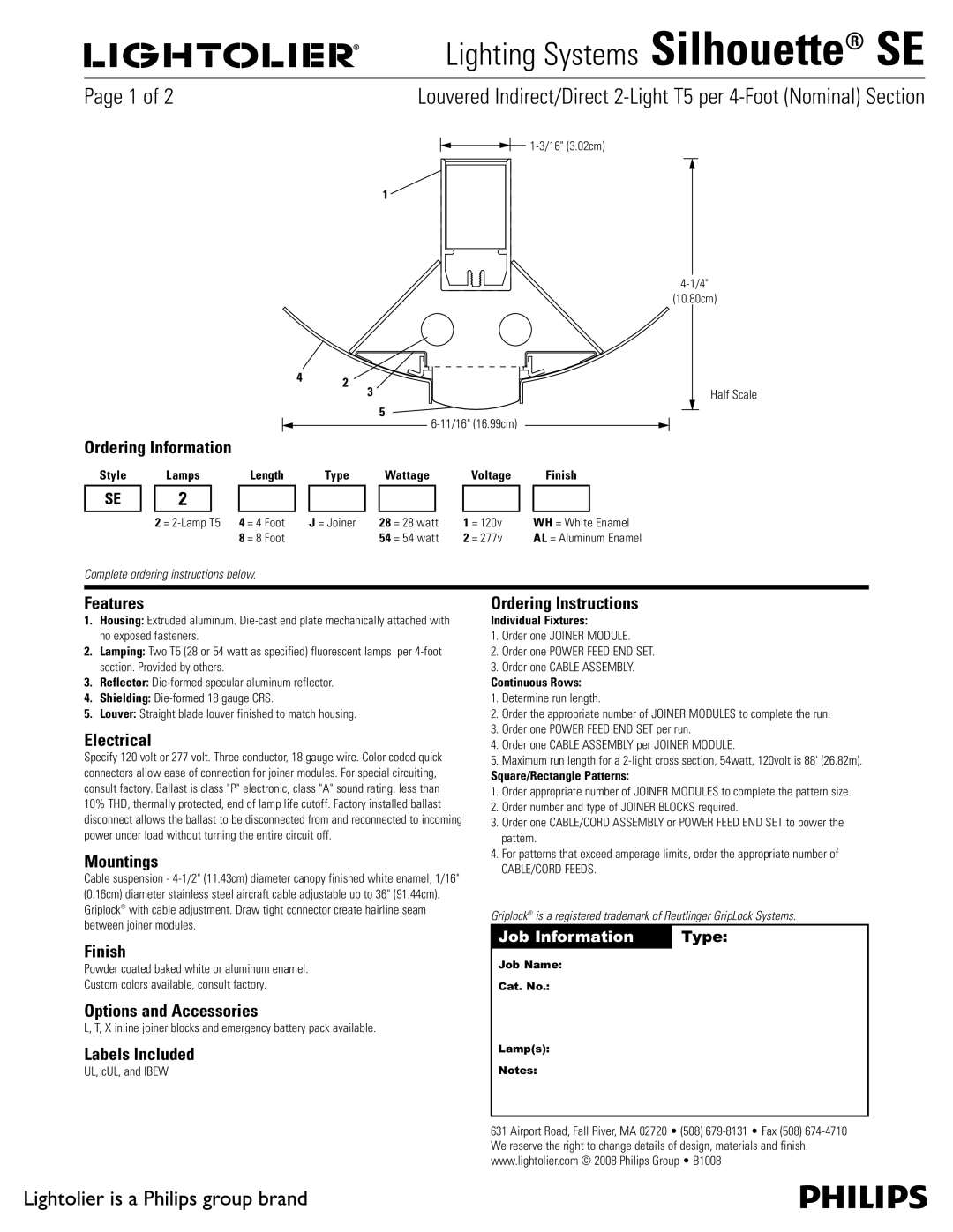 Lightolier Silhouette SE manual Ordering Information, Features, Electrical, Mountings, Finish, Options and Accessories 