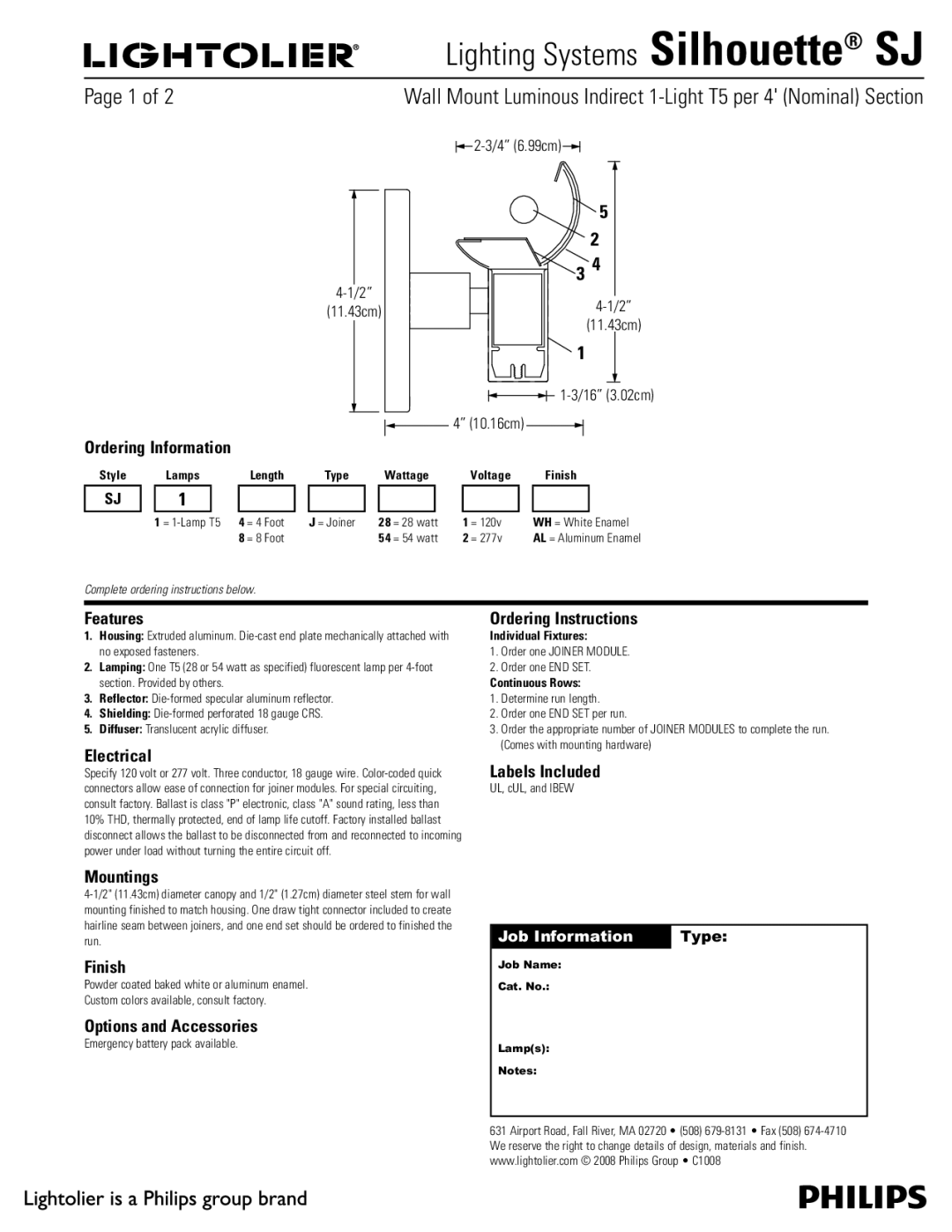 Lightolier Silhouette SJ manual Ordering Information, Features Ordering Instructions, Electrical, Labels Included, Finish 