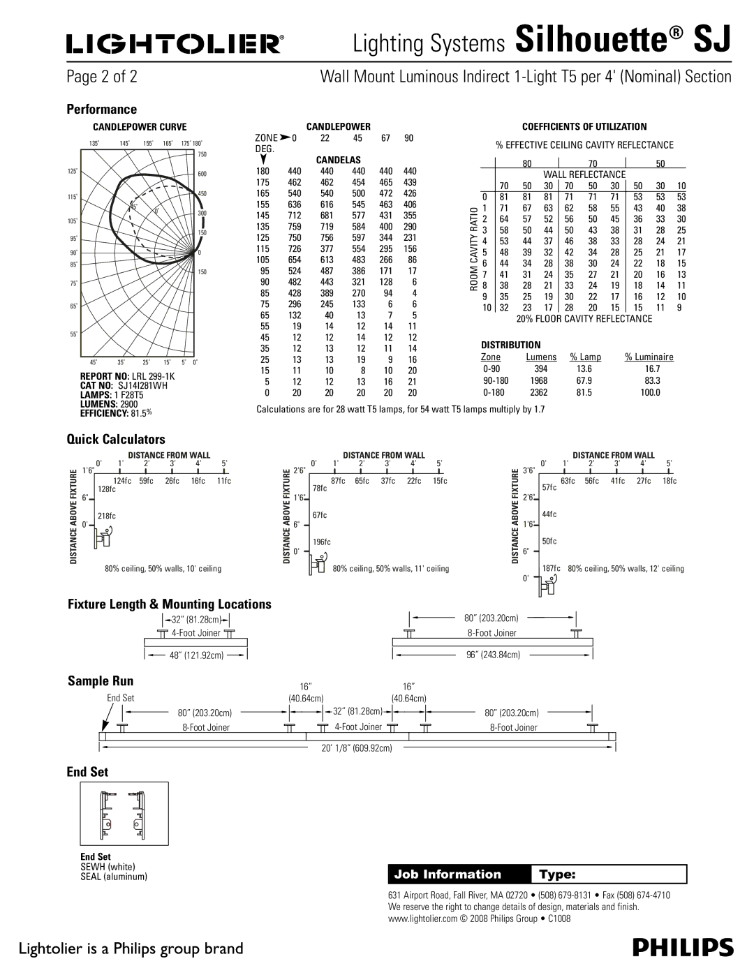 Lightolier Silhouette SJ manual Performance, Quick Calculators, Fixture Length & Mounting Locations, Sample Run, End Set 