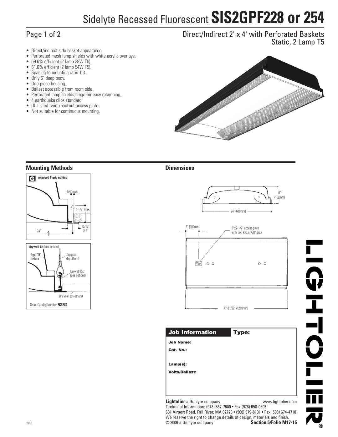 Lightolier SIS2GPF254, SIS2GPF228 dimensions Mounting Methods, Dimensions, Job Information Type 