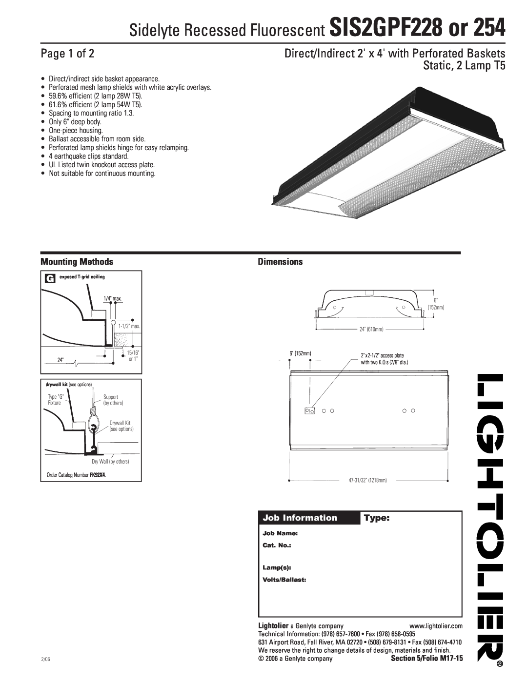 Lightolier SIS2GPF254 dimensions Page 1 of, Direct/Indirect 2 x 4 with Perforated Baskets, Static, 2 Lamp T5, Dimensions 