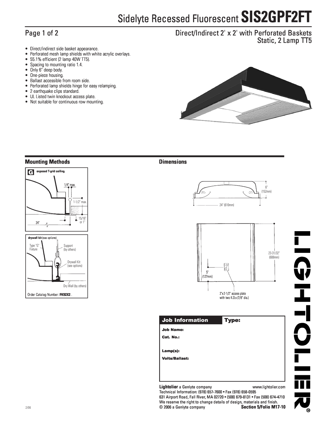 Lightolier SIS2GPF2FT dimensions Page 1 of, Direct/Indirect 2 x 2 with Perforated Baskets, Static, 2 Lamp TT5, Dimensions 