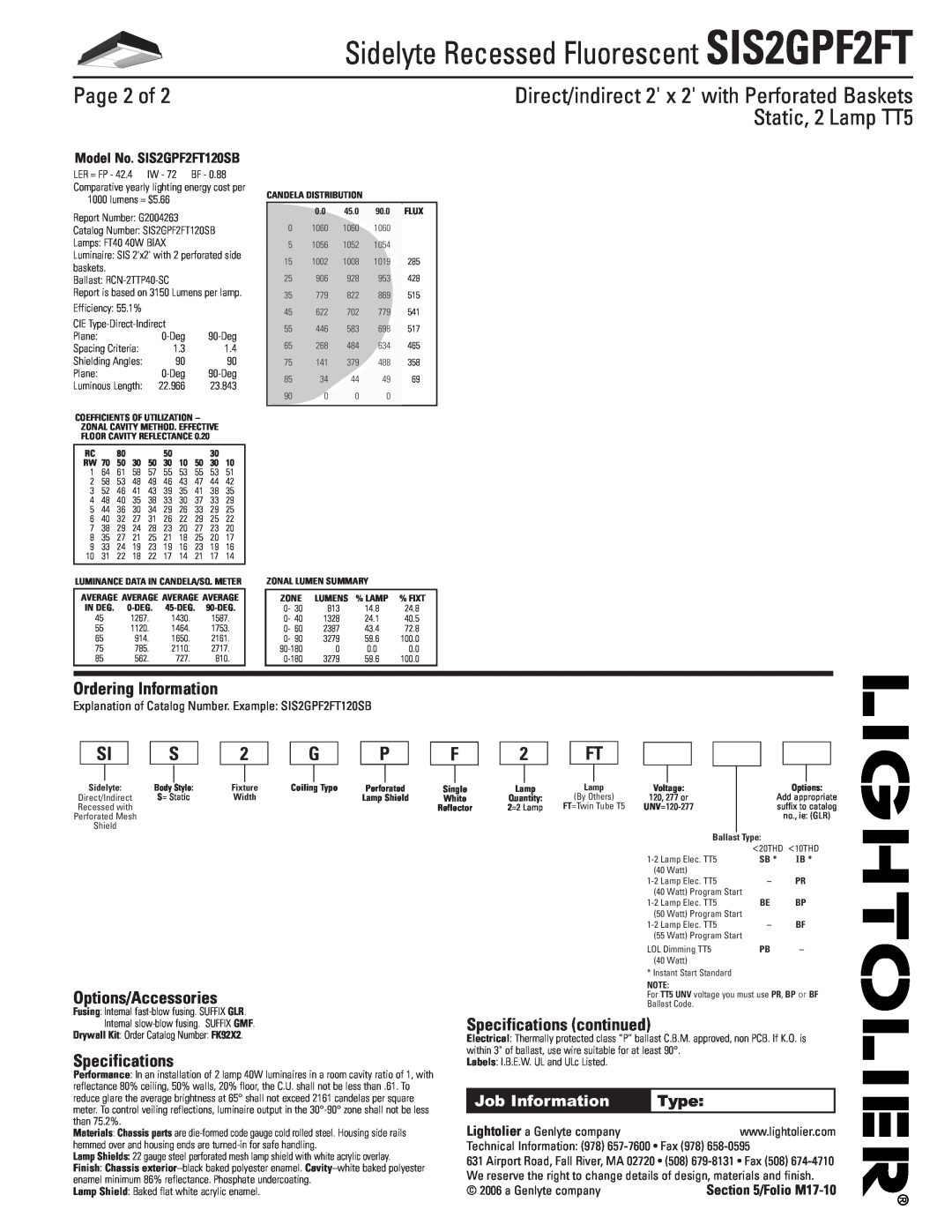 Lightolier SIS2GPF2FT Page 2 of, Direct/indirect 2 x 2 with Perforated Baskets, Ordering Information, Options/Accessories 