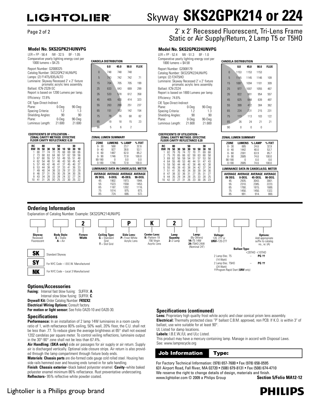 Lightolier SKS2GPK224, SKS2GPK214 dimensions Ordering Information, Options/Accessories, Specifications continuned 