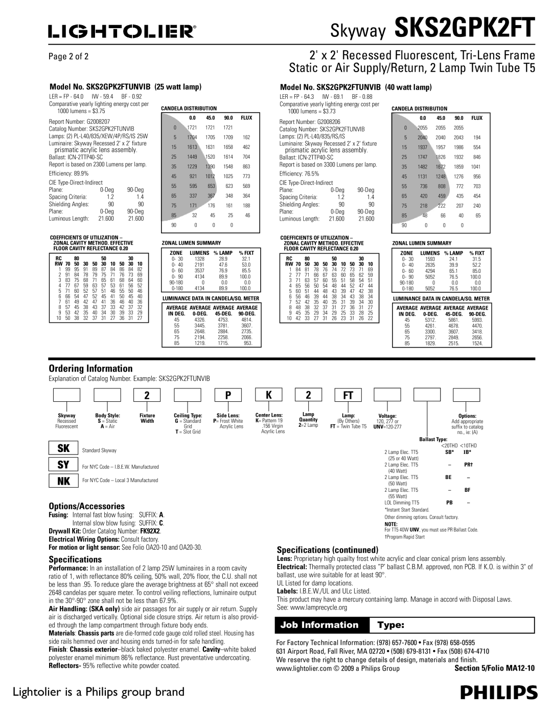Lightolier SKS2GPK2FT dimensions Ordering Information, Options/Accessories, Specifications continuned 