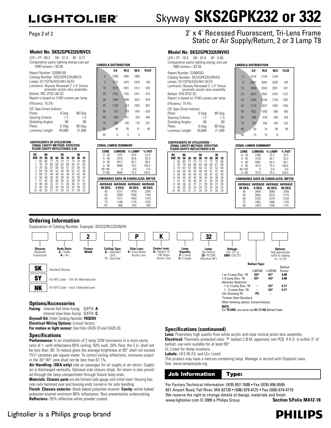 Lightolier SKSGPK332, SKSGPK232 dimensions Ordering Information, Options/Accessories, Specifications continuned 