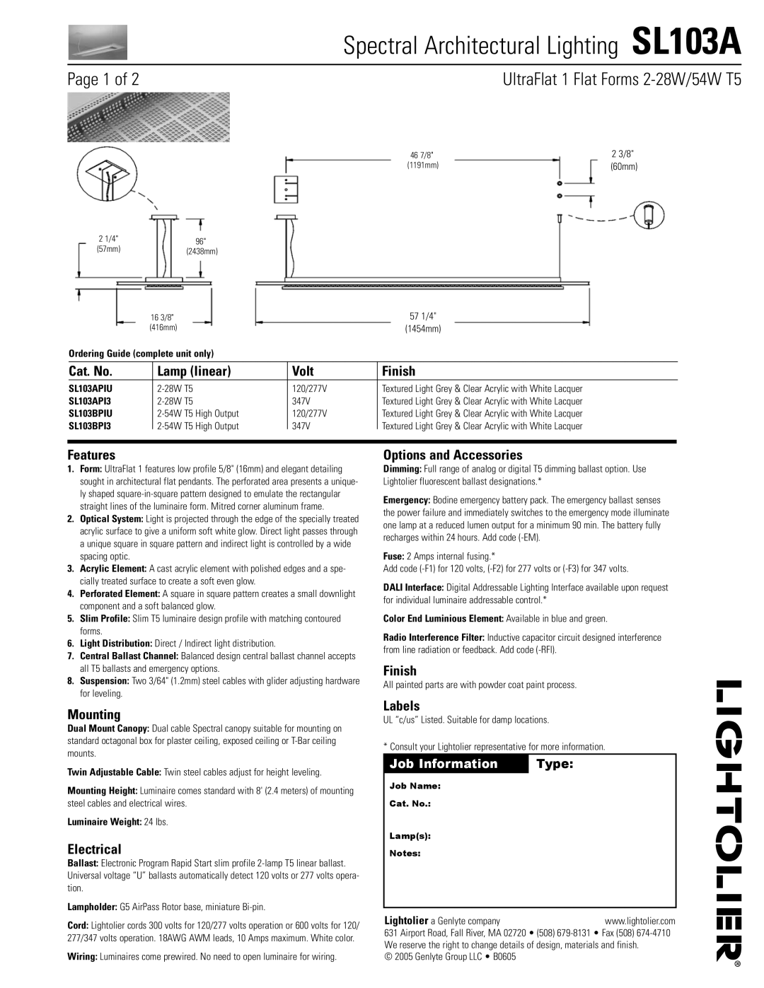 Lightolier SL103A manual Cat. No Lamp linear Volt Finish, Features, Mounting, Electrical, Options and Accessories, Labels 