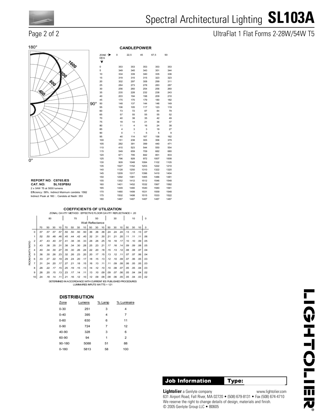 Lightolier SL103A manual Job Information 