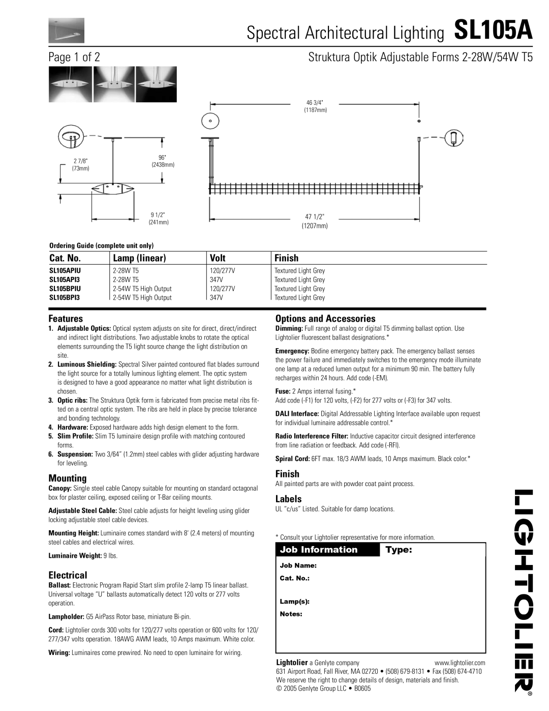 Lightolier SL105A manual Cat. No, Volt Finish, Features, Options and Accessories, Mounting, Electrical, Labels 