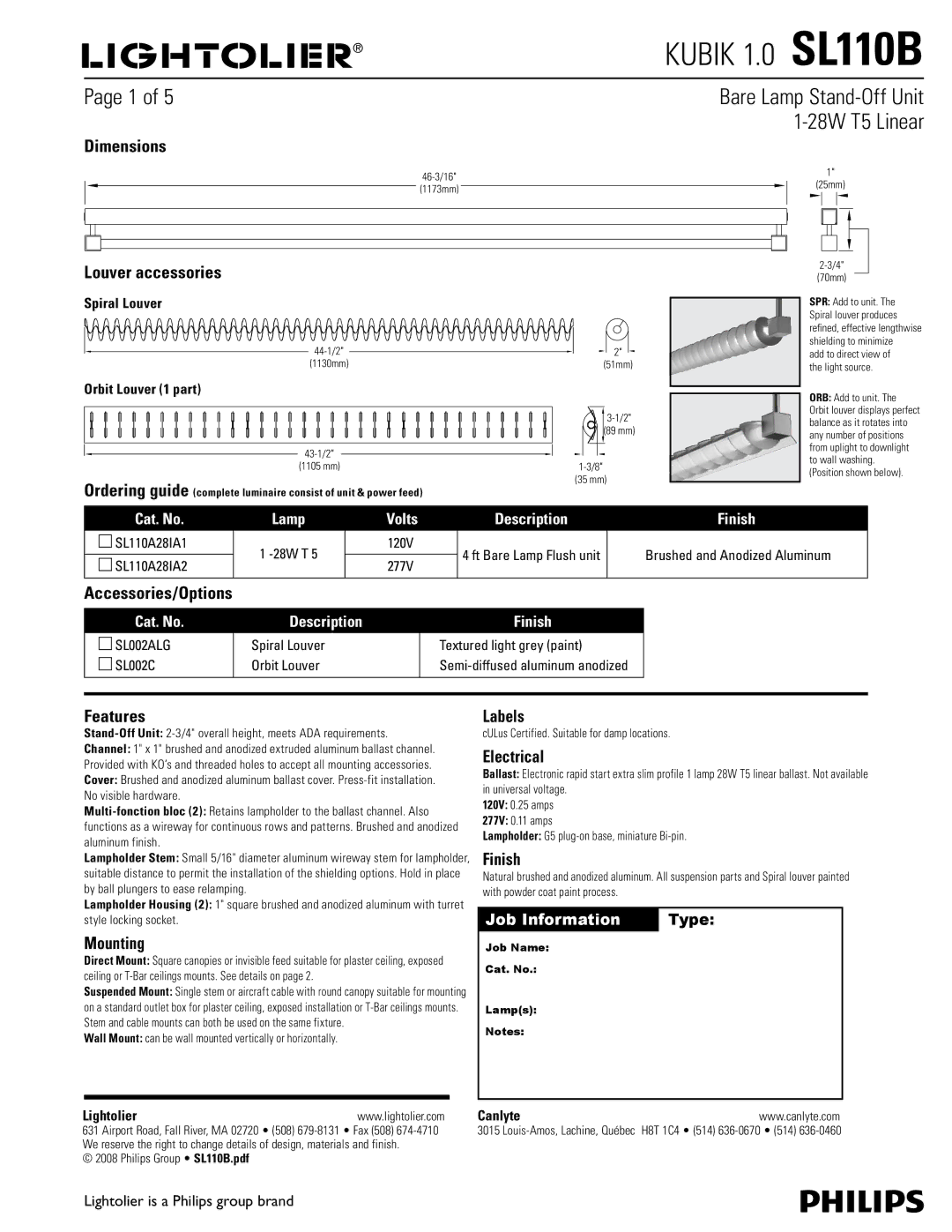 Lightolier SL110B dimensions Dimensions, Louver accessories, Accessories/Options, Features, Mounting, Labels, Electrical 