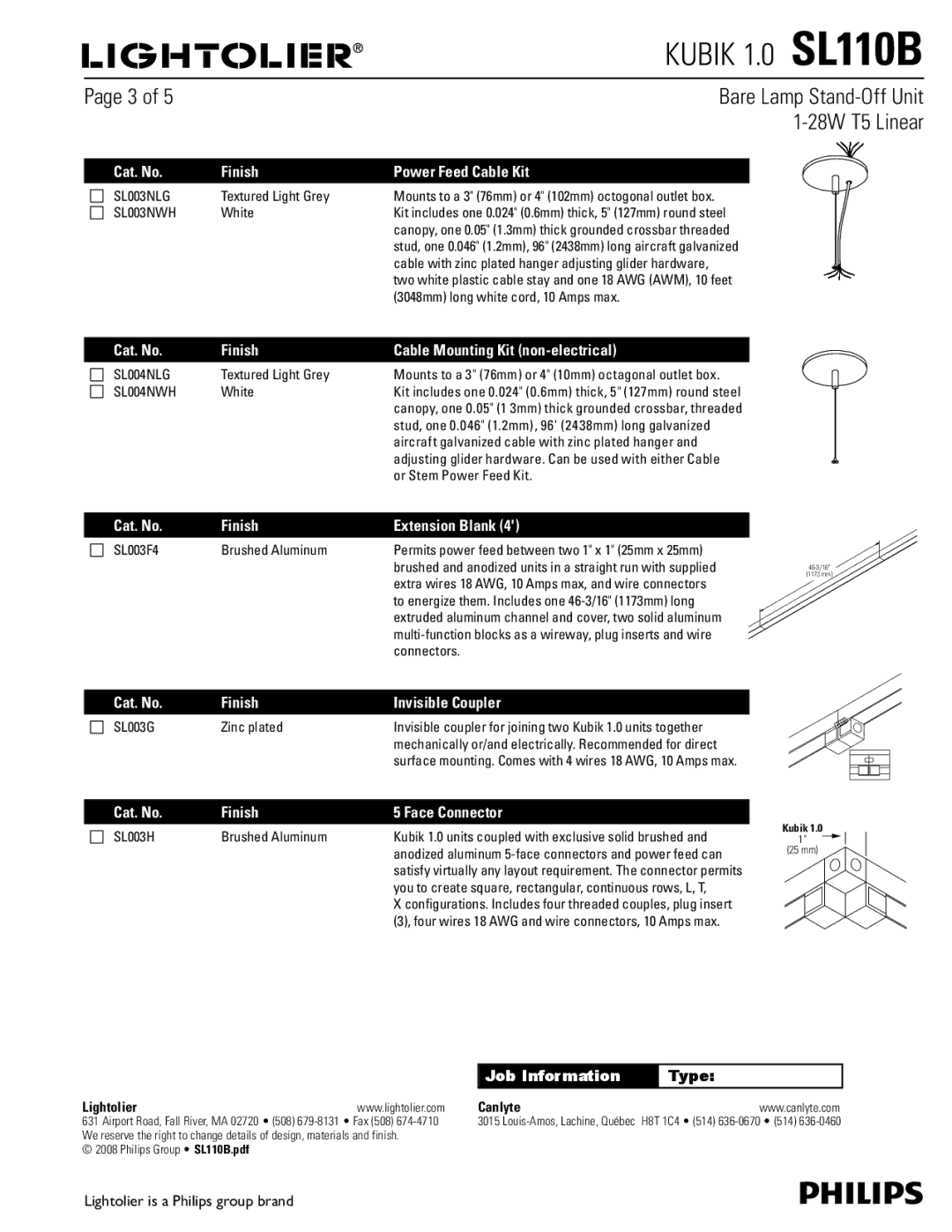 Lightolier SL110B dimensions Cat. No Finish Power Feed Cable Kit, Cat. No Finish Cable Mounting Kit non-electrical 