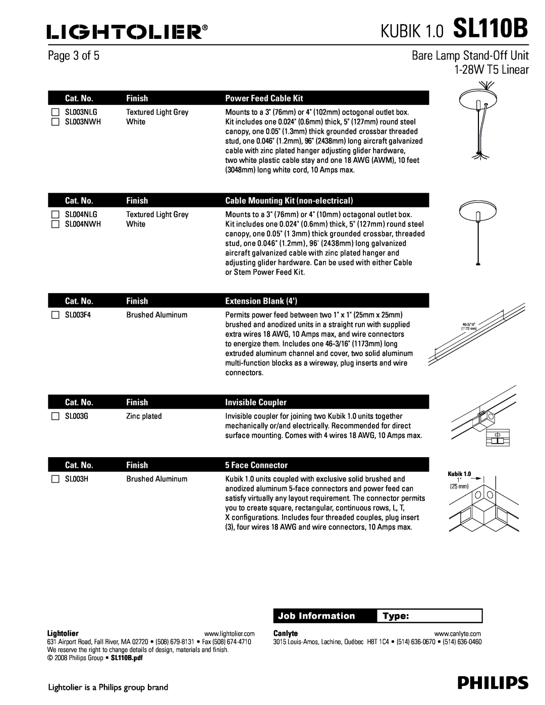 Lightolier dimensions Page 3 of, KUBIK 1.0 SL110B, Bare Lamp Stand-OffUnit, 1-28WT5 Linear, Type 