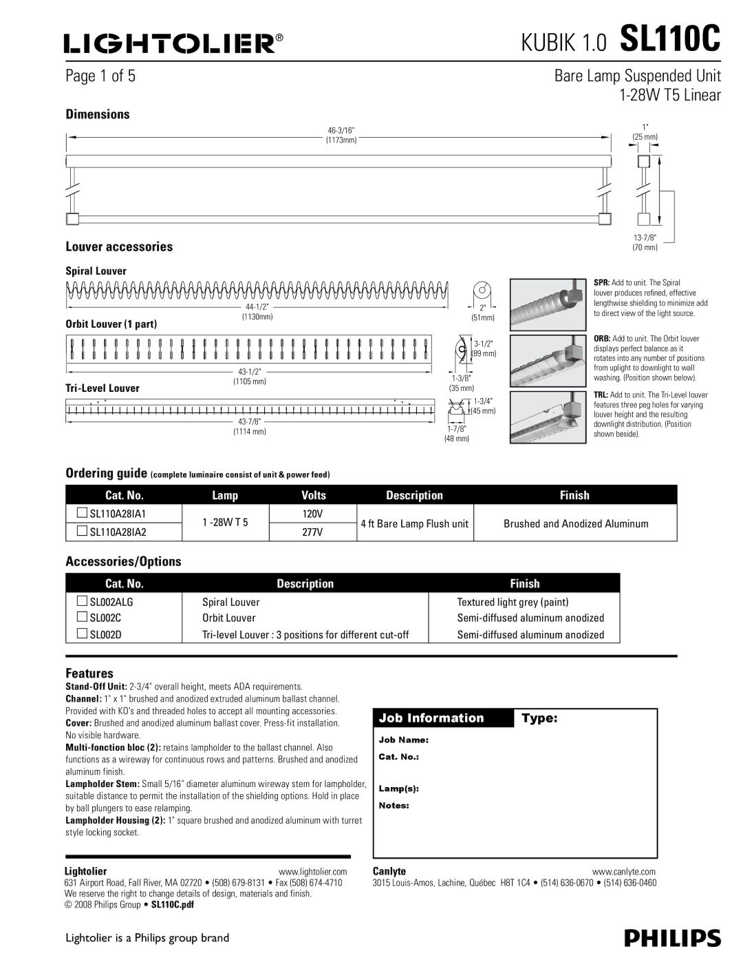 Lightolier SL110C dimensions Dimensions, Louver accessories, Accessories/Options, Features 