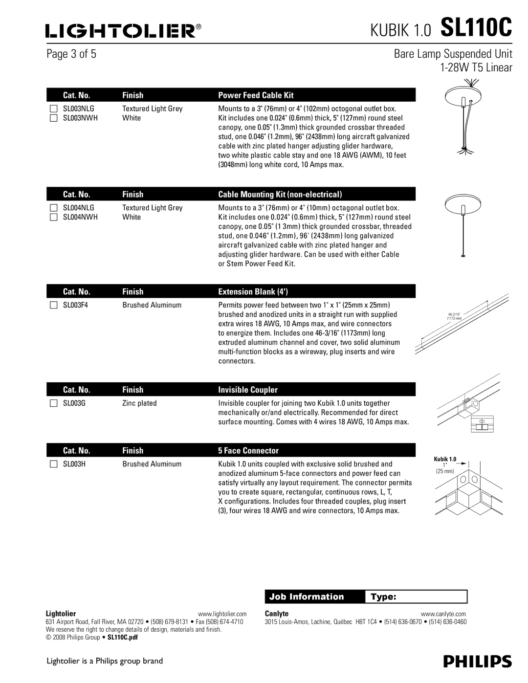 Lightolier SL110C dimensions Cat. No Finish Power Feed Cable Kit, Cat. No Finish Cable Mounting Kit non-electrical 