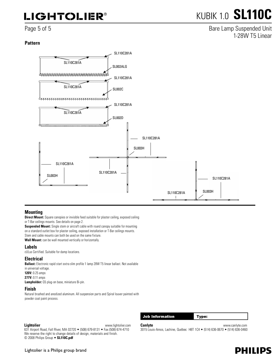 Lightolier SL110C dimensions Pattern, Mounting, Labels, Electrical, Finish 