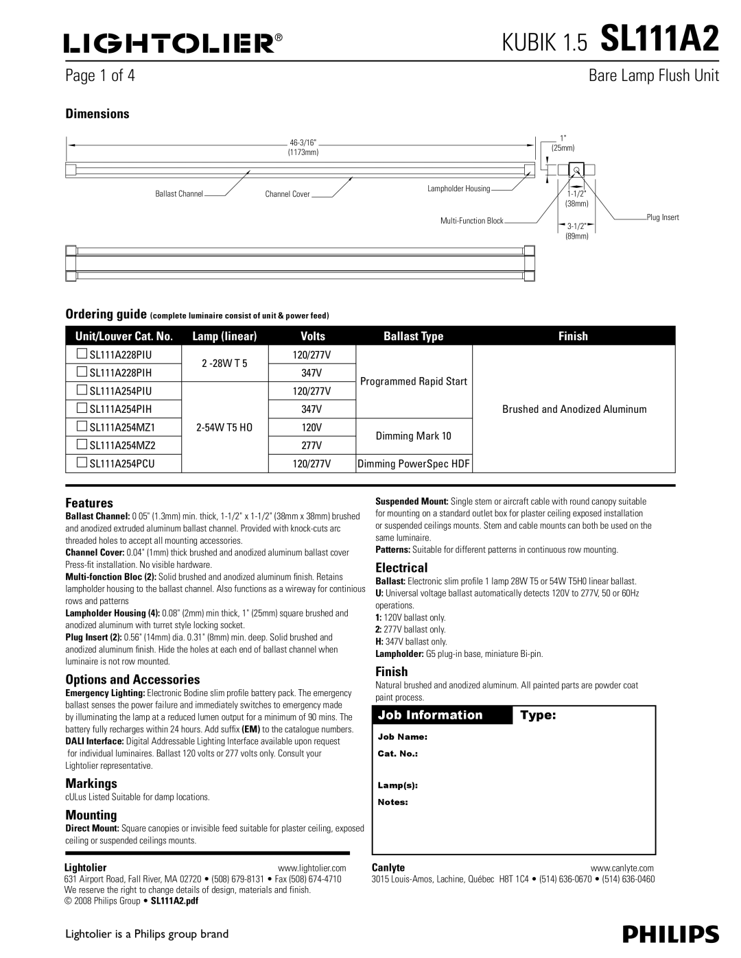 Lightolier SL111A2 dimensions Dimensions, Features, Options and Accessories, Markings, Mounting, Electrical, Finish 