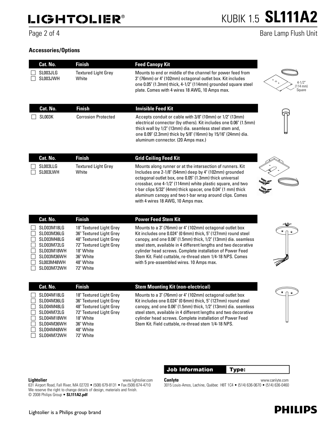 Lightolier SL111A2 dimensions Accessories/Options 