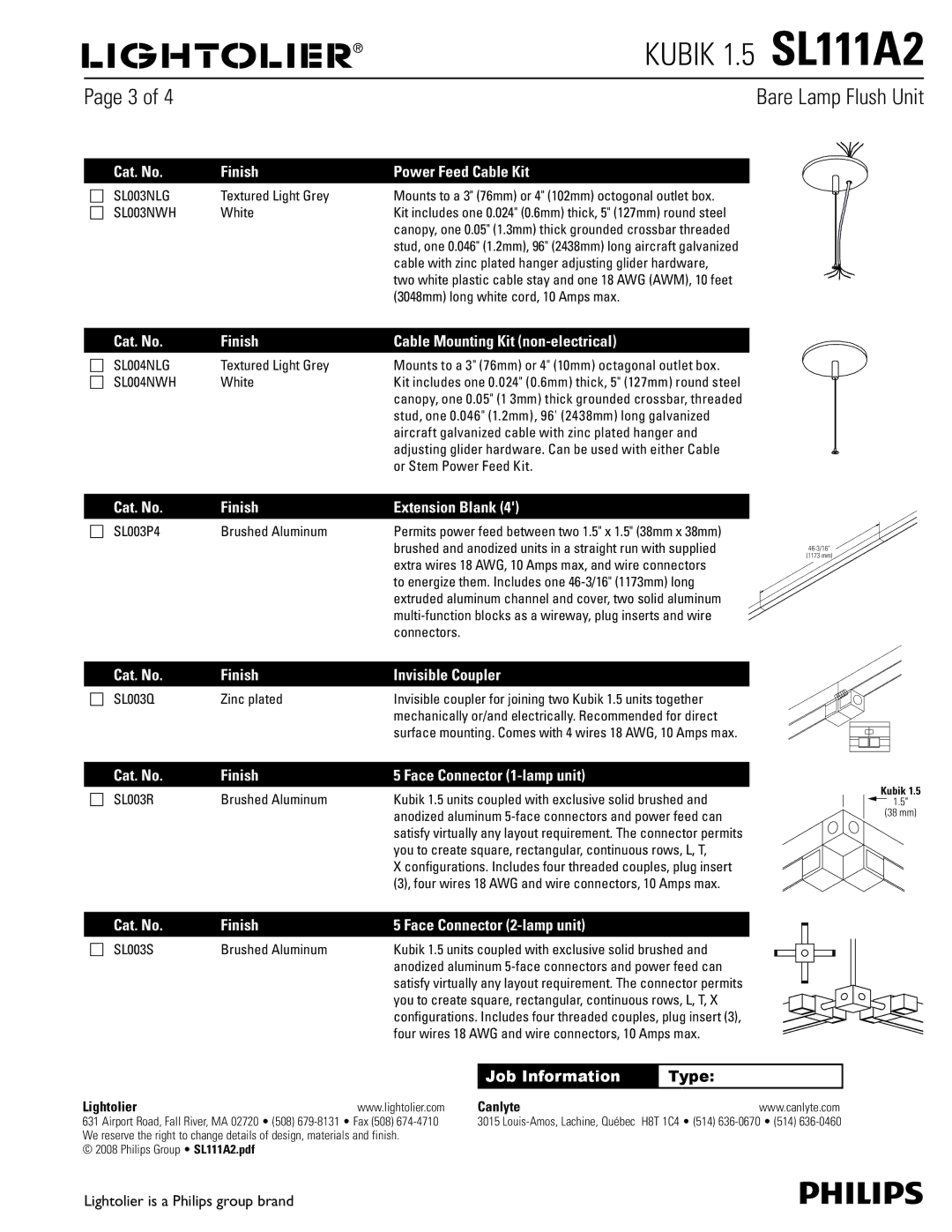 Lightolier SL111A2 dimensions Cat. No Finish Power Feed Cable Kit, Cat. No Finish Cable Mounting Kit non-electrical 