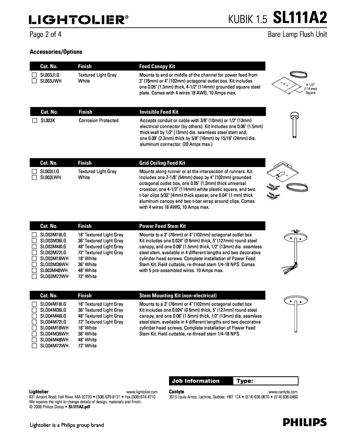 Lightolier dimensions Page 2 of, Accessories/Options, Type, KUBIK 1.5 SL111A2, Bare Lamp Flush Unit 