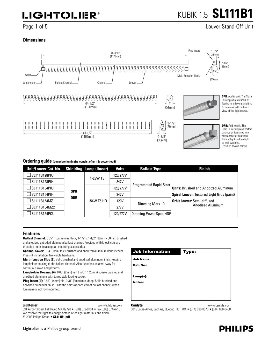 Lightolier SL111B1 dimensions Dimensions, Features, Volts Ballast Type, Finish, Job Information Type 