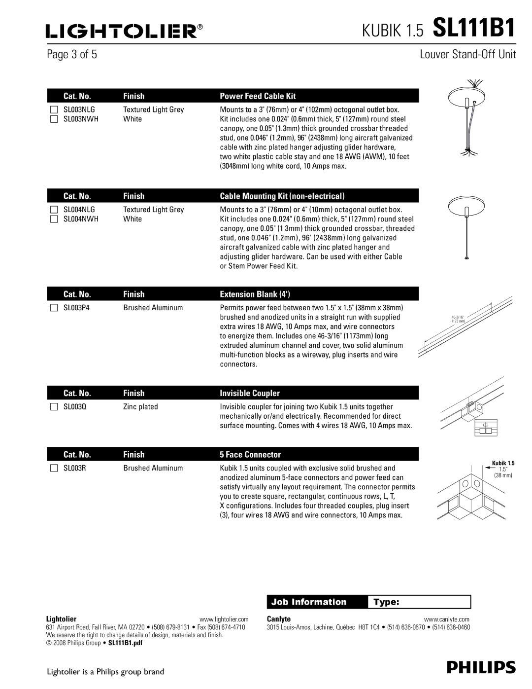 Lightolier SL111B1 dimensions Cat. No Finish Power Feed Cable Kit, Cat. No Finish Cable Mounting Kit non-electrical 