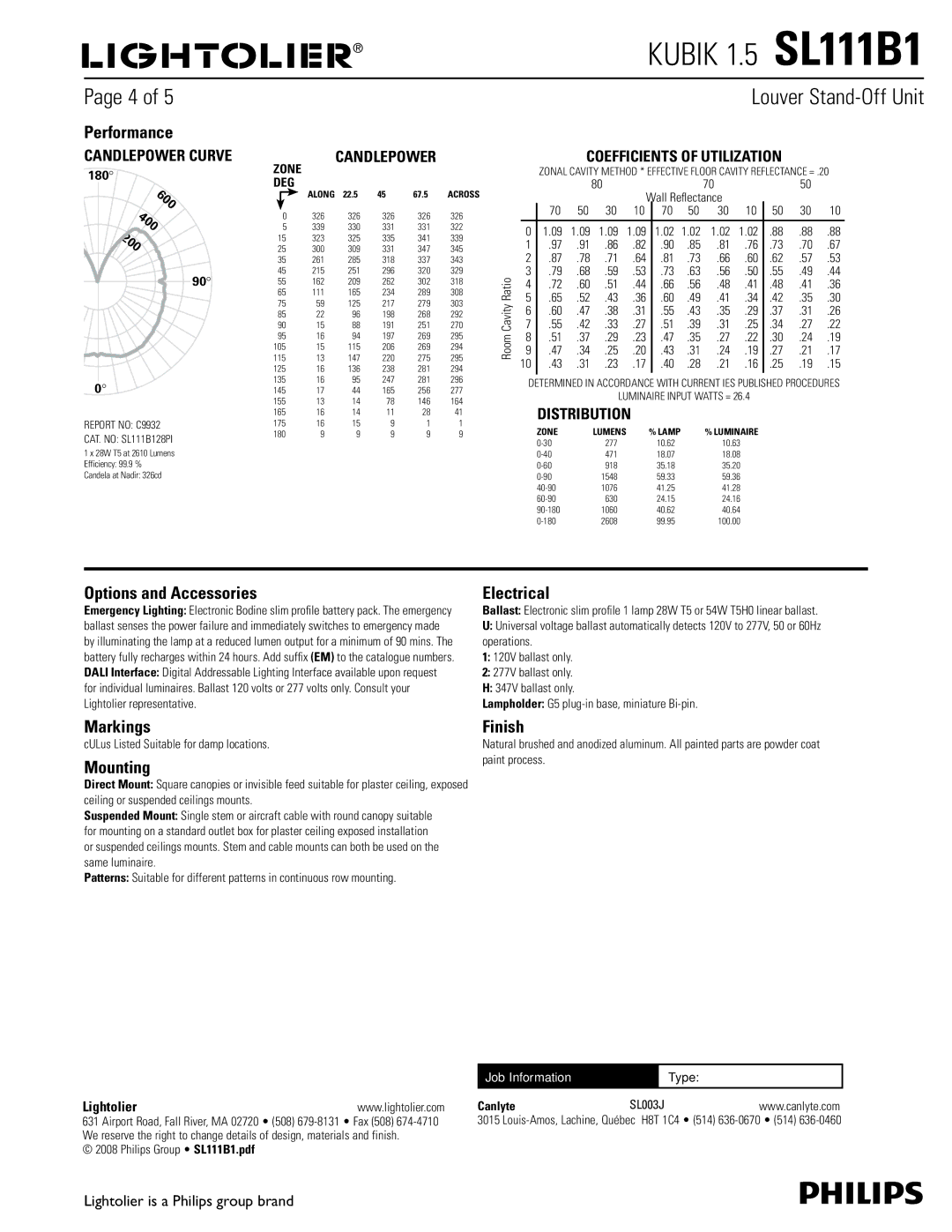 Lightolier SL111B1 dimensions Performance, 600 400 200, Options and Accessories Electrical, Markings, Mounting, Finish 