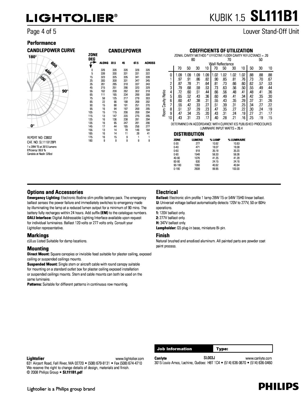 Lightolier KUBIK 1.5 SL111B1, Page 4 of, Performance, 600, Options and Accessories, Electrical, Markings, Mounting 