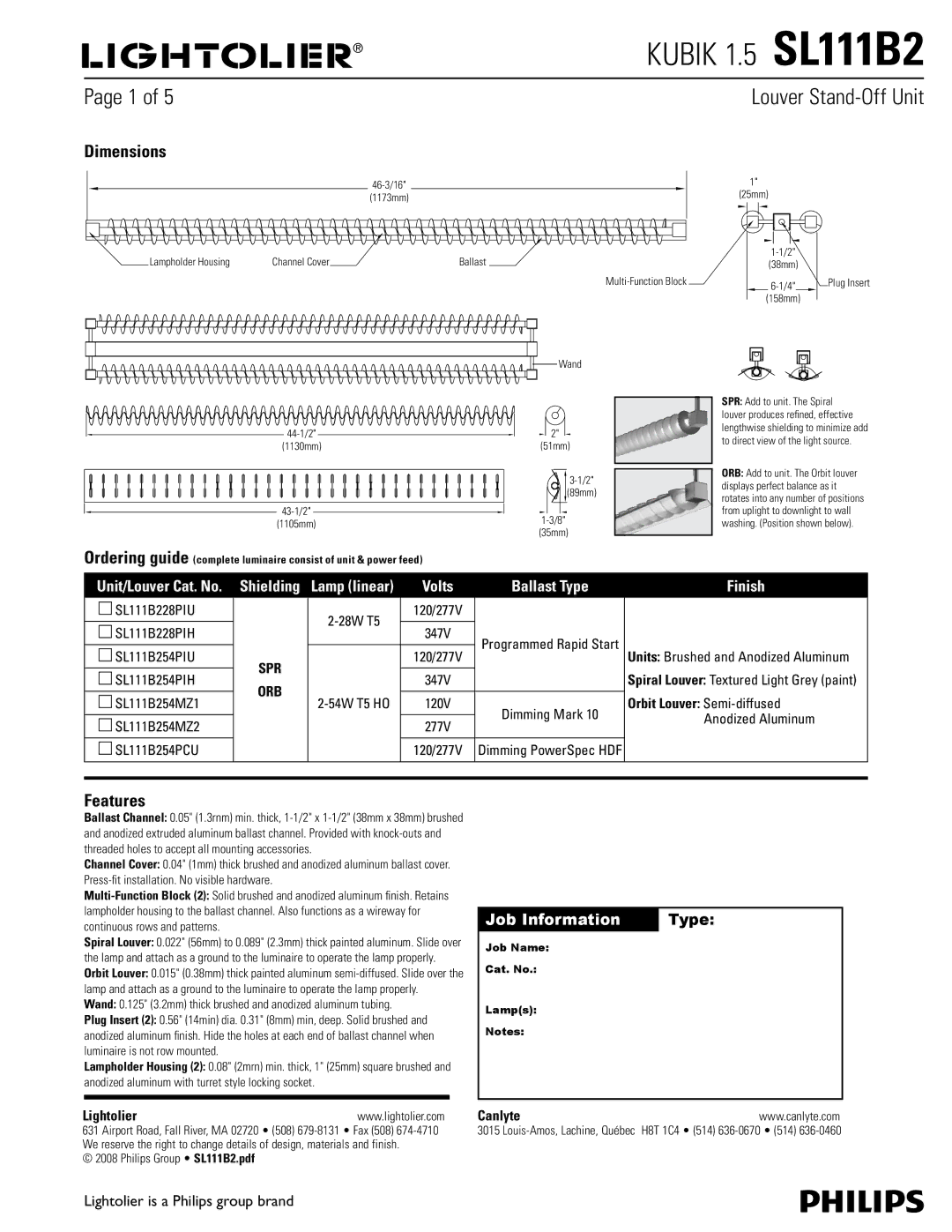 Lightolier SL111B2 dimensions Dimensions, Features, Volts Ballast Type, Finish, Job Information Type 